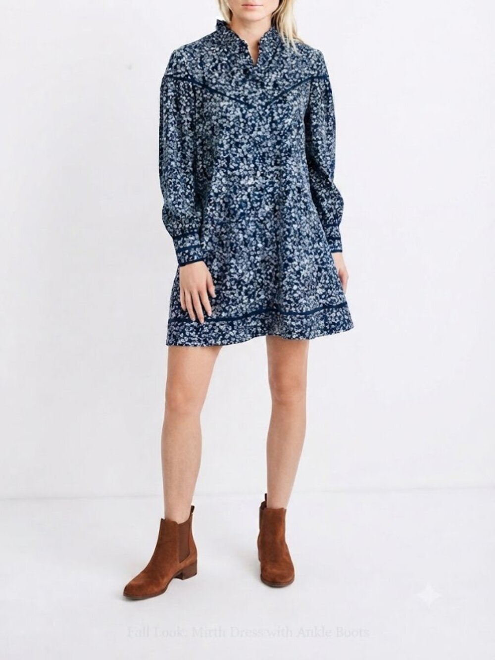 Mirth Blue Floral Ruffle Neck Long Sleeve Mini Dress XS